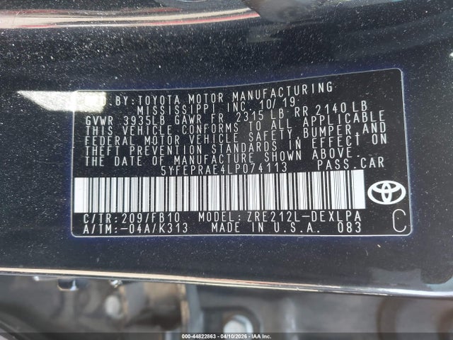 Aukcja sprzedaży 2020 Toyota Corolla Le, vin: 5YFEPRAE4LP074113, numer aukcji: 44822863