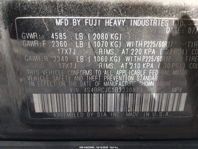 2011 Subaru Outback 2.5i Limited მანქანა იყიდება აუქციონზე, vin: 4S4BRCJC0B3330811, აუქციონის ნომერი: 44822865