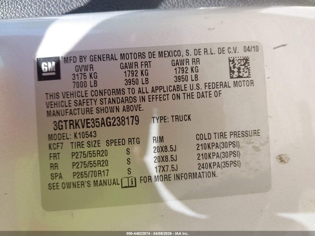 44822874 :رقم المزاد ، 3GTRKVE35AG238179 vin ، 2010 Gmc Sierra 1500 Sle مزاد بيع