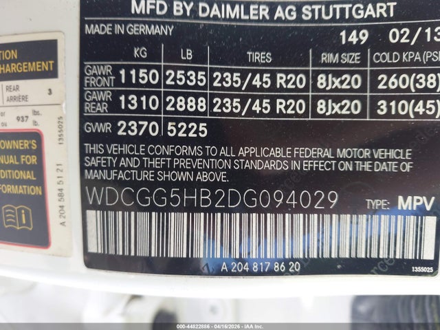 44822886 :رقم المزاد ، WDCGG5HB2DG094029 vin ، 2013 Mercedes-benz Glk 350 مزاد بيع