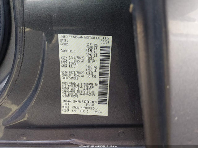 44822896 :رقم المزاد ، 1N6AA0EDXFN500284 vin ، 2015 Nissan Titan Sv مزاد بيع