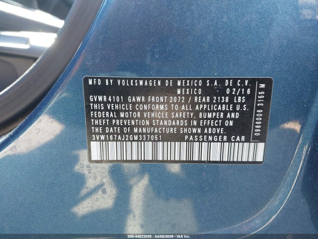 Продаж на аукціоні авто 2016 Volkswagen Jetta 1.4t S, vin: 3VW167AJ2GM337051, номер лоту: 44822899