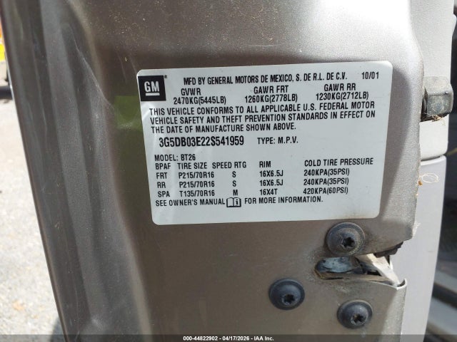 44822902 :رقم المزاد ، 3G5DB03E22S541959 vin ، 2002 Buick Rendezvous Cxl مزاد بيع