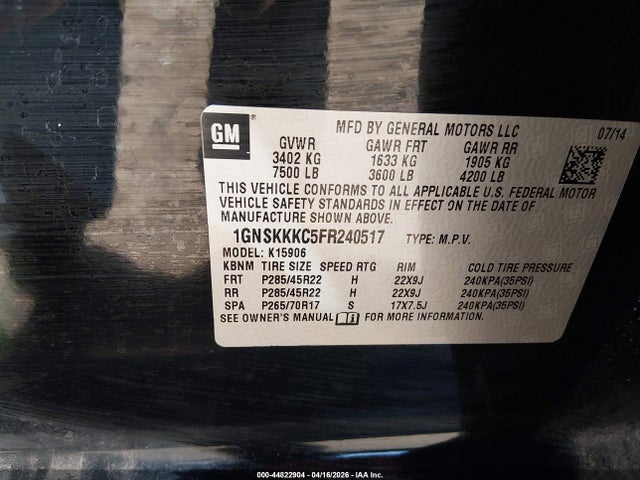 44822904 :رقم المزاد ، 1GNSKKKC5FR240517 vin ، 2015 Chevrolet Suburban 1500 Ltz مزاد بيع