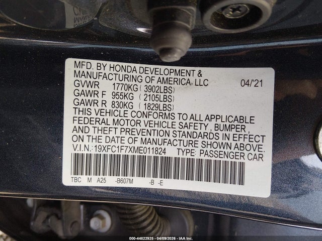 Продаж на аукціоні авто 2021 Honda Civic Ex-l, vin: 19XFC1F7XME011824, номер лоту: 44822925