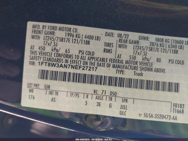 2022 Ford F-350 Xl მანქანა იყიდება აუქციონზე, vin: 1FT8W3AN7NEF27217, აუქციონის ნომერი: 44822932