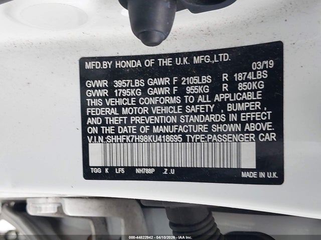 SHHFK7H98KU418695 Honda Civic Sport Touring