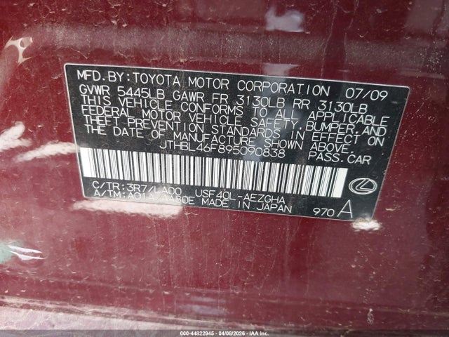 Aukcja sprzedaży 2009 Lexus Ls 460, vin: JTHBL46F895090838, numer aukcji: 44822945