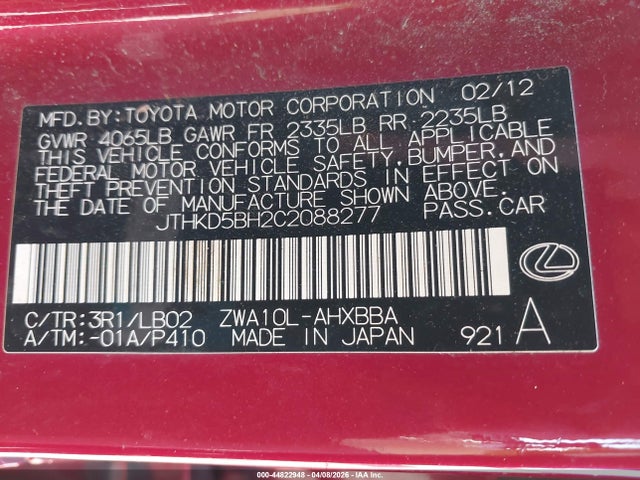 Aukcja sprzedaży 2012 Lexus Ct 200h Premium, vin: JTHKD5BH2C2088277, numer aukcji: 44822948