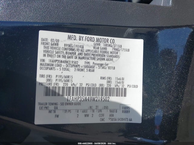 Aukcja sprzedaży 2009 Ford Focus Se, vin: 1FAHP35N49W219502, numer aukcji: 44822955