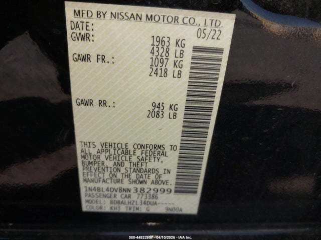 2022 Nissan Altima Sv Fwd მანქანა იყიდება აუქციონზე, vin: 1N4BL4DV8NN382999, აუქციონის ნომერი: 44822957