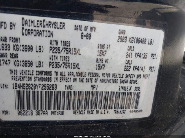 Aukcja sprzedaży 2000 Dodge Durango, vin: 1B4HS28Z0YF295263, numer aukcji: 44822964