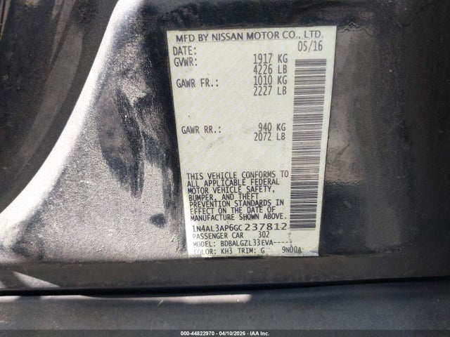 Продаж на аукціоні авто 2016 Nissan Altima 2.5/2.5 S/2.5 Sl/2.5 Sr/2.5 Sv, vin: 1N4AL3AP6GC237812, номер лоту: 44822970