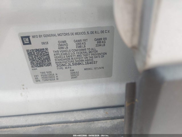 Продажа на аукционе авто 2019 Chevrolet Trax Lt, vin: 3GNCJLSB8KL164037, номер лота: 44822986