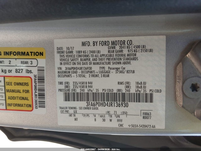 Ford FUSION SE 2018 3FA6P0HD4JR136930 Image 9