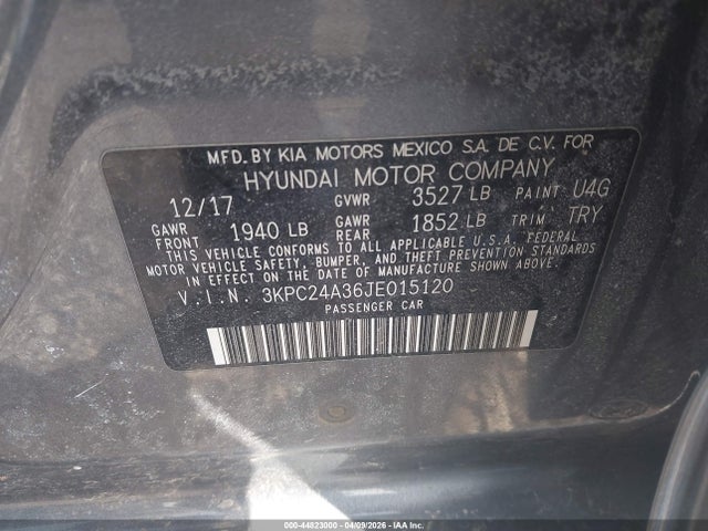 2018 Hyundai Accent Se მანქანა იყიდება აუქციონზე, vin: 3KPC24A36JE015120, აუქციონის ნომერი: 44823000