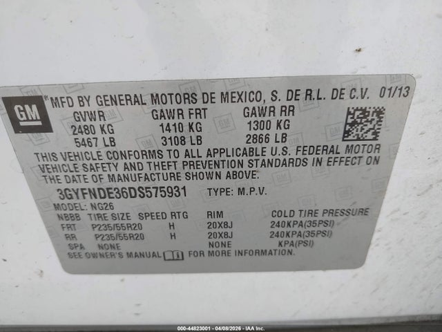 44823001 :رقم المزاد ، 3GYFNDE36DS575931 vin ، 2013 Cadillac Srx Performance Collection مزاد بيع
