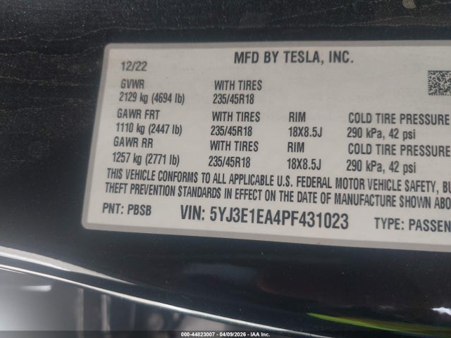 Aukcja sprzedaży 2023 Tesla Model 3 Rear-wheel Drive, vin: 5YJ3E1EA4PF431023, numer aukcji: 44823007
