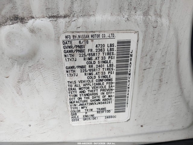 44823020 :رقم المزاد ، JN8AT2MVXJW348291 vin ، 2018 Nissan Rogue Sv مزاد بيع