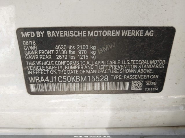 44823026 :رقم المزاد ، WBA4J1C50KBM15528 vin ، 2019 Bmw 430i Gran Coupe مزاد بيع