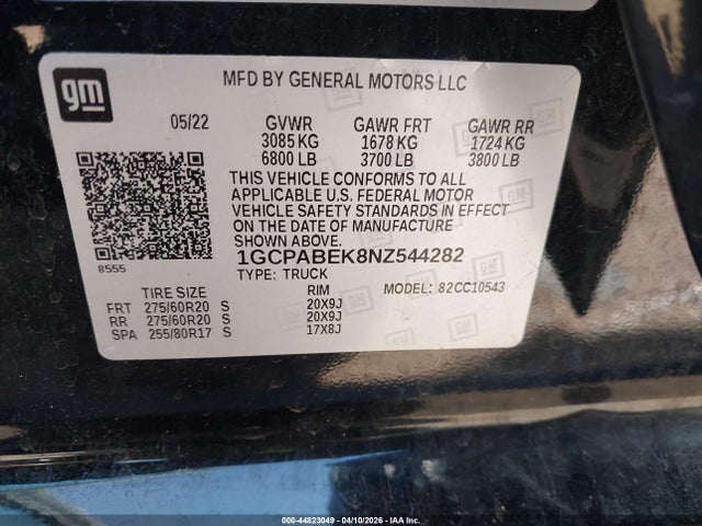 44823049 :رقم المزاد ، 1GCPABEK8NZ544282 vin ، 2022 Chevrolet Silverado 1500 2wd  Short Bed Custom مزاد بيع