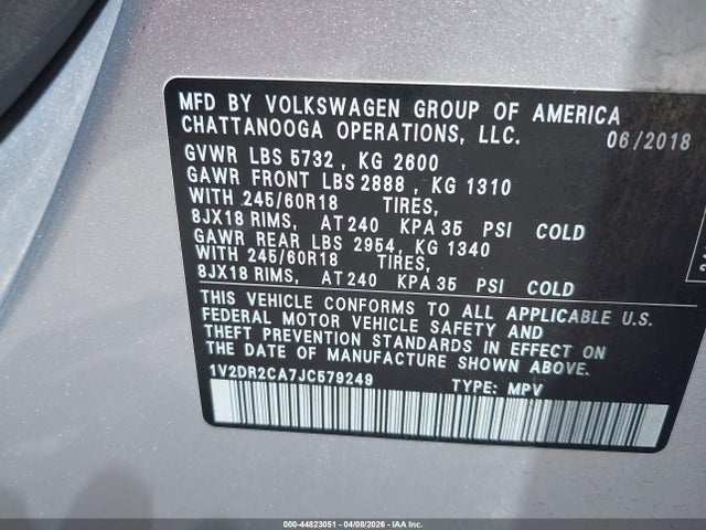 Продаж на аукціоні авто 2018 Volkswagen Atlas 3.6l V6 Se/3.6l V6 Se W/technology, vin: 1V2DR2CA7JC579249, номер лоту: 44823051