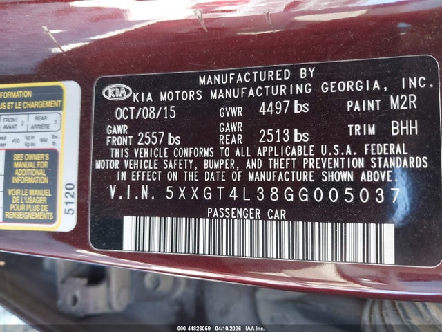 5XXGT4L38GG005037 KIA Optima Lx