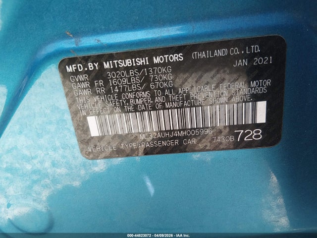 Aukcja sprzedaży 2021 Mitsubishi Mirage Carbonite Edition/es/le, vin: ML32AUHJ4MH005996, numer aukcji: 44823072