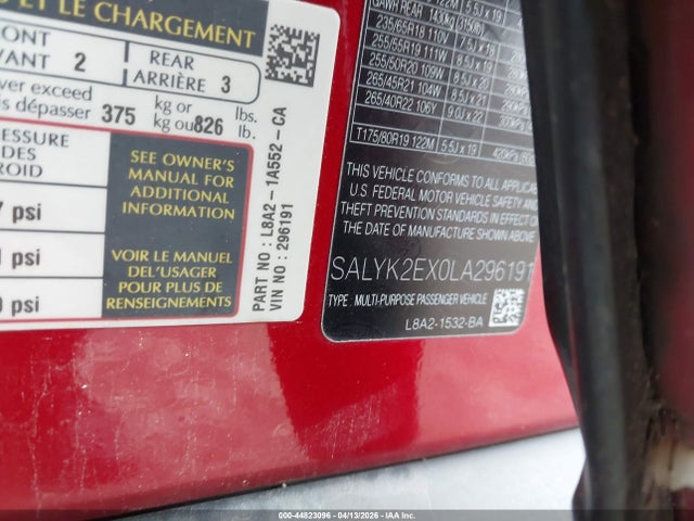 Aukcja sprzedaży 2020 Land Rover Range Rover Velar P250 R-dynamic S, vin: SALYK2EX0LA296191, numer aukcji: 44823096
