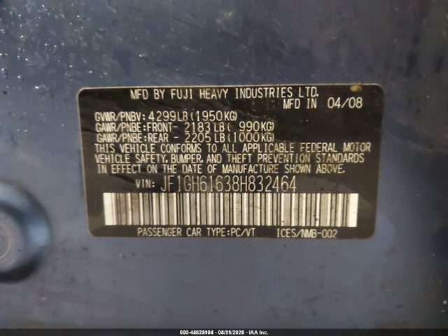 44823104 :رقم المزاد ، JF1GH61638H832464 vin ، 2008 Subaru Impreza 2.5i مزاد بيع