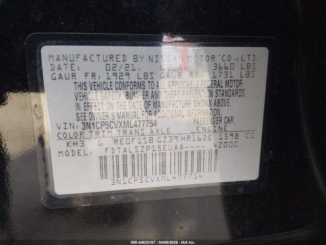 44823107 :رقم المزاد ، 3N1CP5CVXML477754 vin ، 2021 Nissan Kicks Sv Xtronic Cvt مزاد بيع