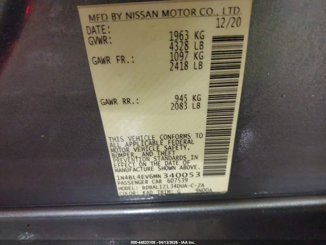 44823108 :رقم المزاد ، 1N4BL4EV6MN340053 vin ، 2021 Nissan Altima Sl Fwd مزاد بيع