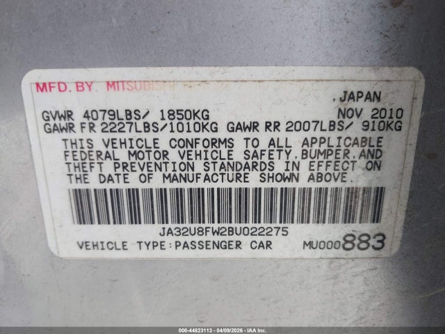 Продаж на аукціоні авто 2011 Mitsubishi Lancer Gts, vin: JA32U8FW2BU022275, номер лоту: 44823113
