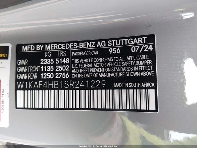 44823126 :رقم المزاد ، W1KAF4HB1SR241229 vin ، 2025 Mercedes-benz C 300 مزاد بيع