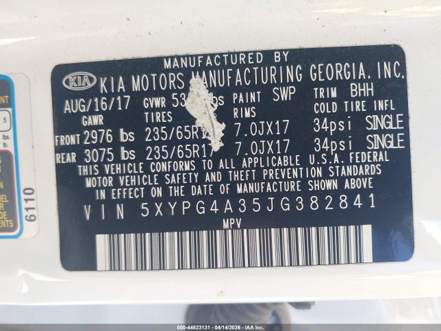 Aukcja sprzedaży 2018 Kia Sorento 2.4l Lx, vin: 5XYPG4A35JG382841, numer aukcji: 44823131