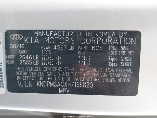 2017 Kia Sportage Lx მანქანა იყიდება აუქციონზე, vin: KNDPM3ACXH7166820, აუქციონის ნომერი: 44823167