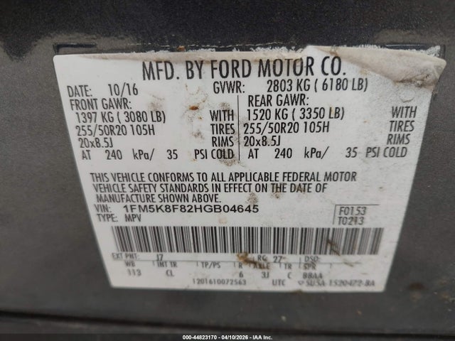 2017 Ford Explorer Limited მანქანა იყიდება აუქციონზე, vin: 1FM5K8F82HGB04645, აუქციონის ნომერი: 44823170