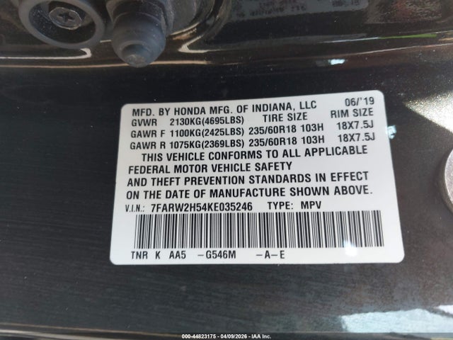 2019 Honda Cr-v Ex მანქანა იყიდება აუქციონზე, vin: 7FARW2H54KE035246, აუქციონის ნომერი: 44823175