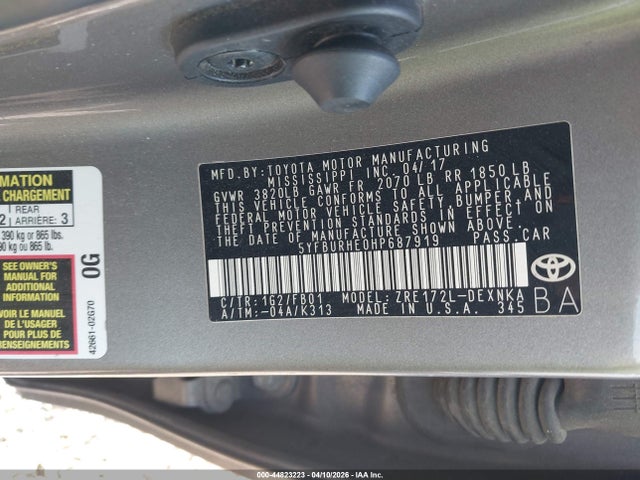 Aukcja sprzedaży 2017 Toyota Corolla Le, vin: 5YFBURHE0HP687919, numer aukcji: 44823223