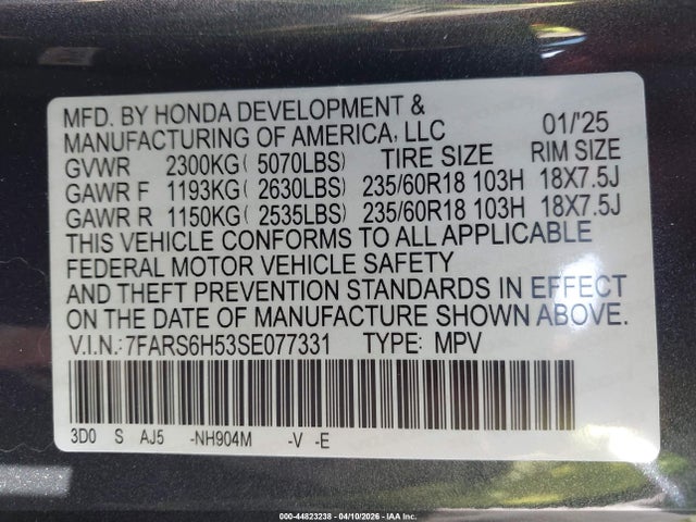 Продажа на аукционе авто 2025 Honda Cr-v Hybrid Sport, vin: 7FARS6H53SE077331, номер лота: 44823238