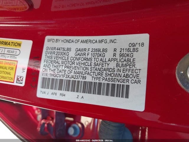 Продаж на аукціоні авто 2018 Honda Accord Sport, vin: 1HGCV1F3XJA237789, номер лоту: 44823242