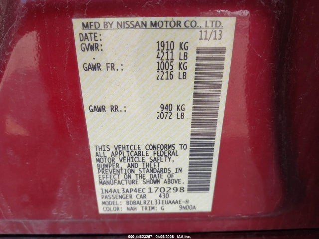 Aukcja sprzedaży 2014 Nissan Altima 2.5 S, vin: 1N4AL3AP4EC170298, numer aukcji: 44823267