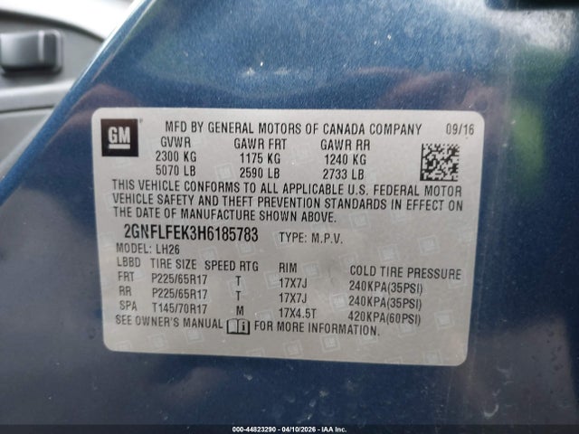 44823290 :رقم المزاد ، 2GNFLFEK3H6185783 vin ، 2017 Chevrolet Equinox Lt مزاد بيع