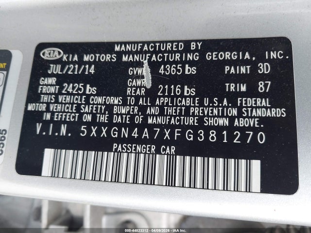 44823312 :رقم المزاد ، 5XXGN4A7XFG381270 vin ، 2015 Kia Optima Ex مزاد بيع