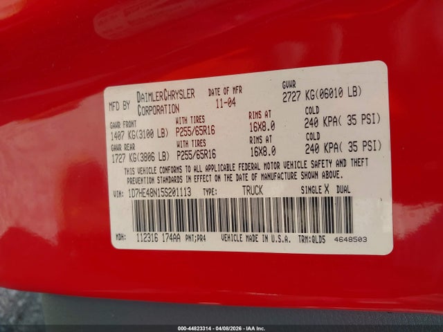 44823314 :رقم المزاد ، 1D7HE48N15S201113 vin ، 2005 Dodge Dakota Slt مزاد بيع