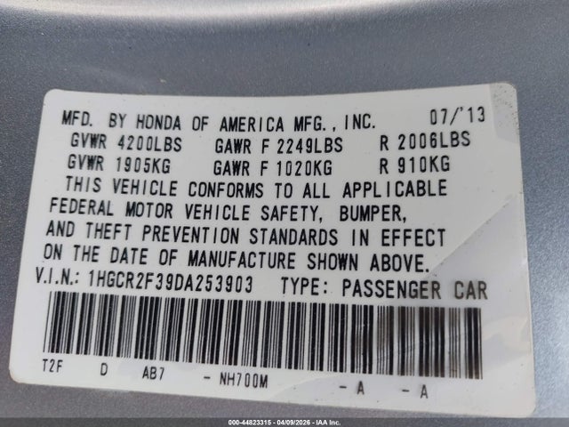 44823315 :رقم المزاد ، 1HGCR2F39DA253903 vin ، 2013 Honda Accord Lx مزاد بيع