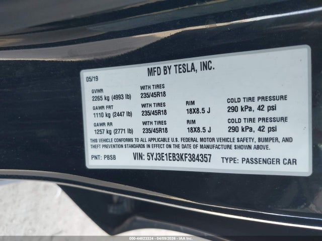 Aukcja sprzedaży 2019 Tesla Model 3 Long Range/performance, vin: 5YJ3E1EB3KF384357, numer aukcji: 44823324