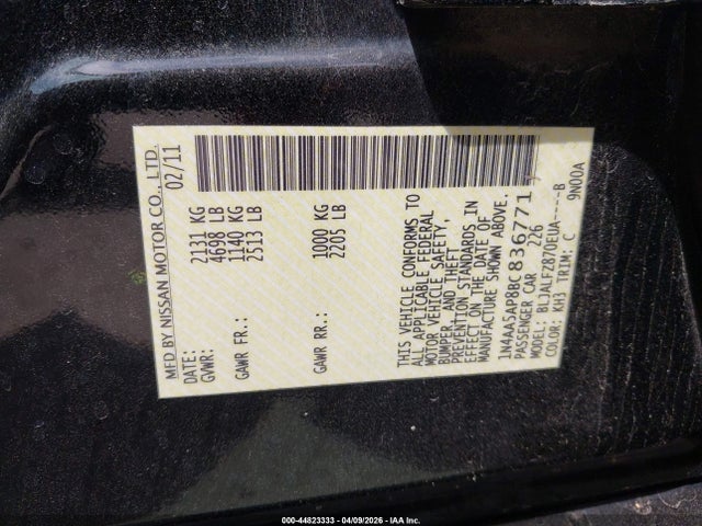 2011 Nissan Maxima 3.5 Sv მანქანა იყიდება აუქციონზე, vin: 1N4AA5AP8BC836771, აუქციონის ნომერი: 44823333