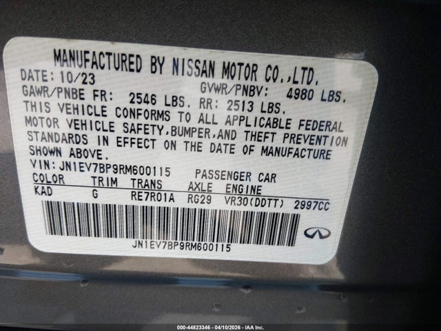 44823346 :رقم المزاد ، JN1EV7BP9RM600115 vin ، 2024 Infiniti Q50 Luxe مزاد بيع