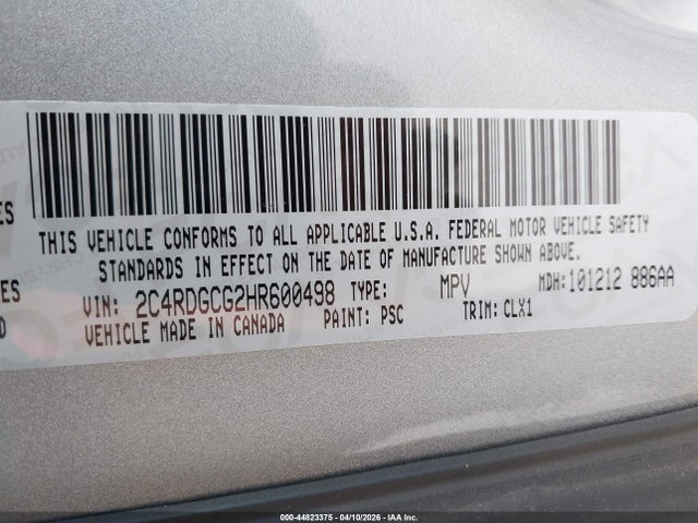 Aukcja sprzedaży 2017 Dodge Grand Caravan Sxt, vin: 2C4RDGCG2HR600498, numer aukcji: 44823375